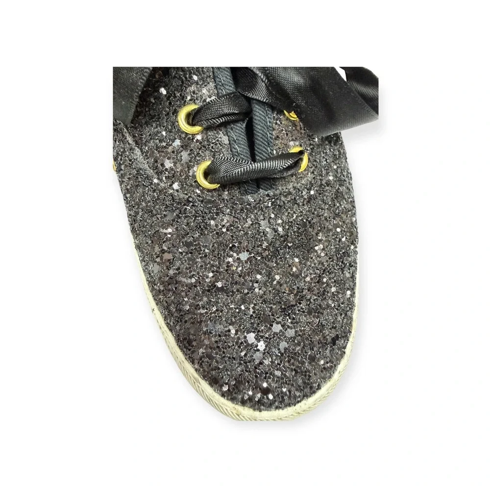 Keds x Kate Spade Black Glitter Champion Sneakers Satin‎ Laces Gold Trim 6.5